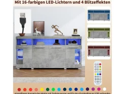 Aparador de hormigón gris con LED, vitrina con puertas de cristal, 3 cajones, 140x40x70 cm
