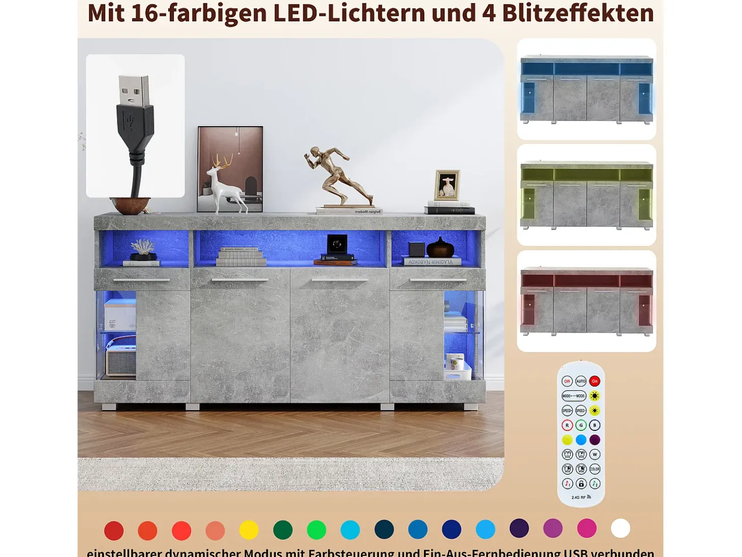 Aparador de hormigón gris con LED, vitrina con puertas de cristal, 3 cajones, 140x40x70 cm