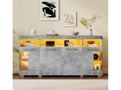 Aparador de hormigón gris con LED, vitrina con puertas de cristal, 3 cajones, 140x40x70 cm