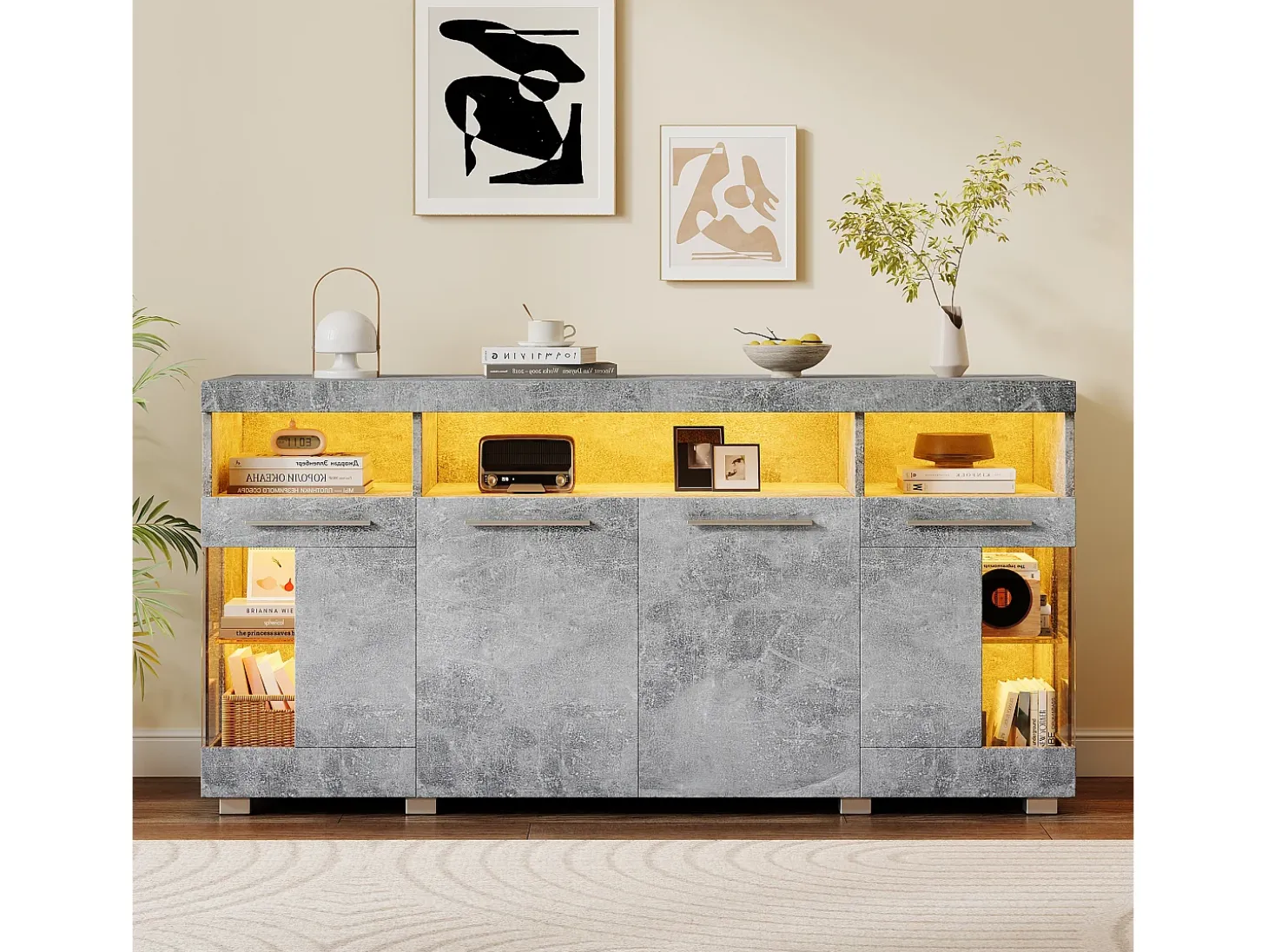 Aparador de hormigón gris con LED, vitrina con puertas de cristal, 3 cajones, 140x40x70 cm