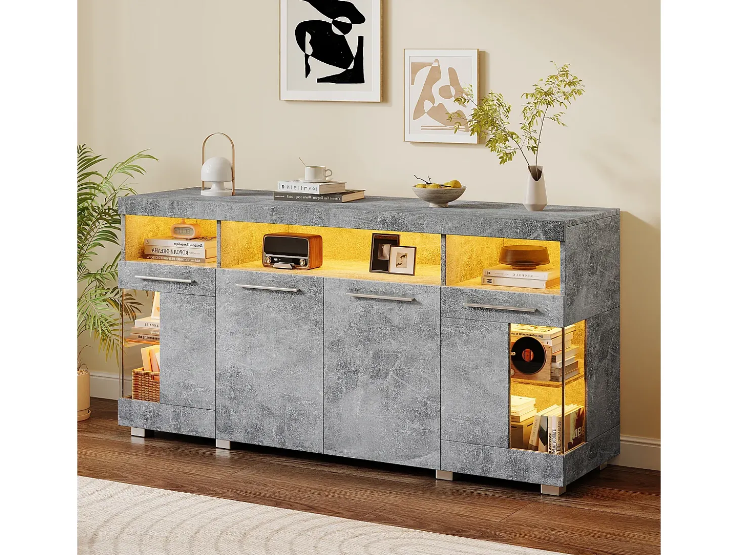 Aparador de hormigón gris con LED, vitrina con puertas de cristal, 3 cajones, 140x40x70 cm