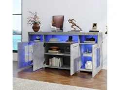 Aparador de hormigón gris con LED, vitrina con puertas de cristal, 3 cajones, 140x40x70 cm
