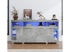 Aparador de hormigón gris con LED, vitrina con puertas de cristal, 3 cajones, 140x40x70 cm