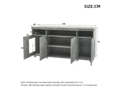 Aparador de hormigón gris con LED, vitrina con puertas de cristal, 3 cajones, 140x40x70 cm