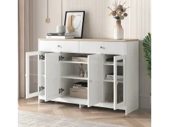 Aparador de madera blanca con 4 puertas, 2 cajones y puertas de vidrio para sala de estar/comedor.