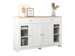 Aparador de madera blanca con 4 puertas, 2 cajones y puertas de vidrio para sala de estar/comedor.