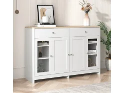 Aparador de madera blanca con 4 puertas, 2 cajones y puertas de vidrio para sala de estar/comedor.