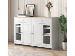Aparador de madera blanca con 4 puertas, 2 cajones y puertas de vidrio para sala de estar/comedor.