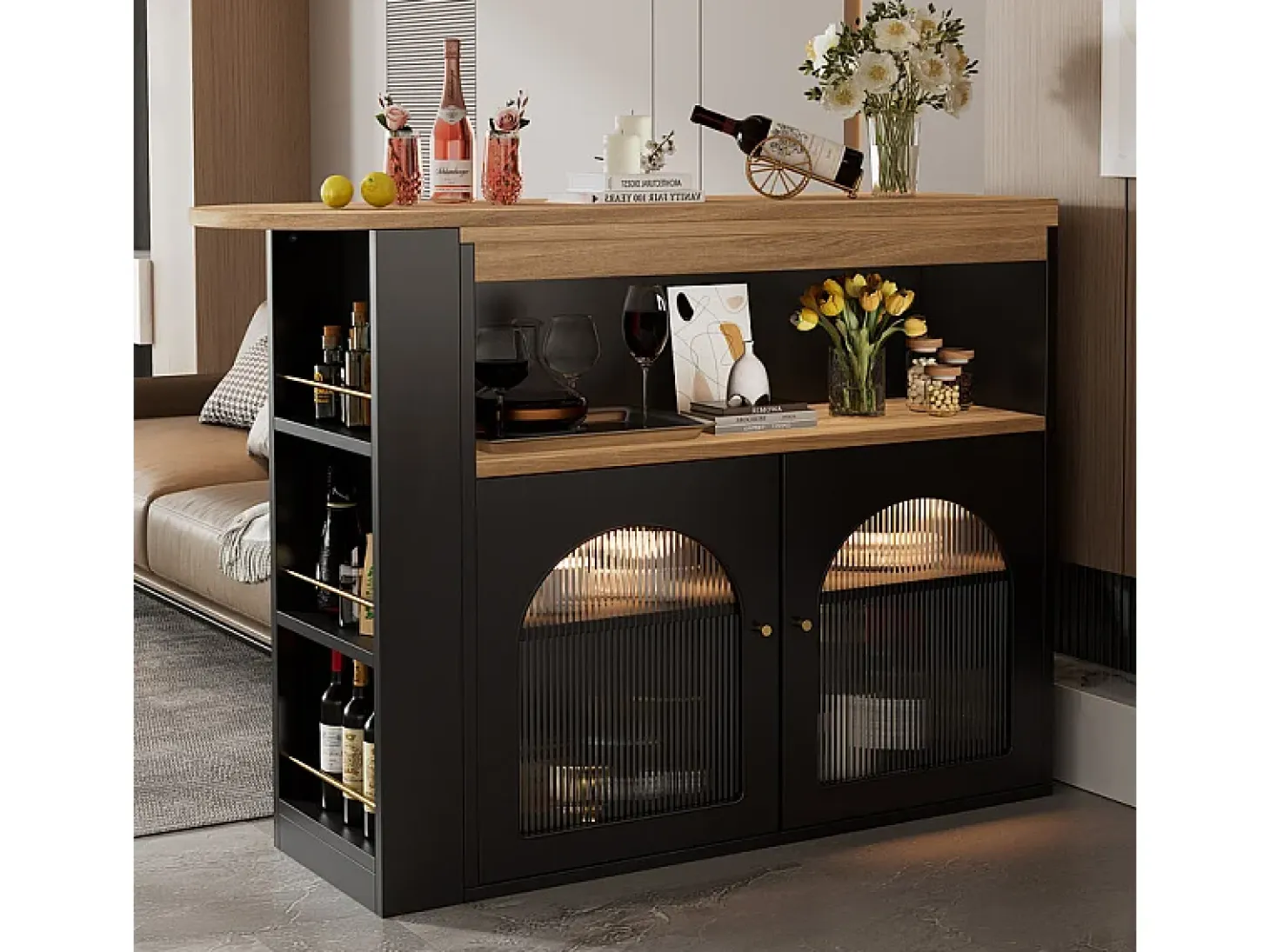Aparador, Mueble bar giratorio y retráctil con LED - gran espacio de almacenamiento - estilo contemporáneo - Negro