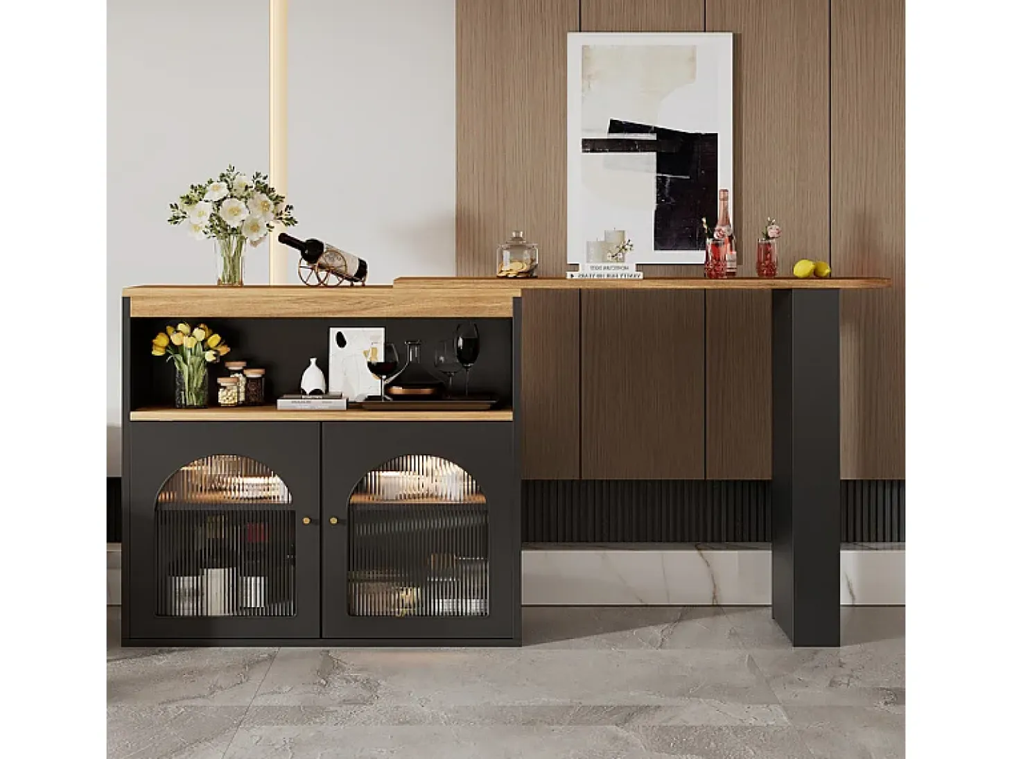 Aparador, Mueble bar giratorio y retráctil con LED - gran espacio de almacenamiento - estilo contemporáneo - Negro