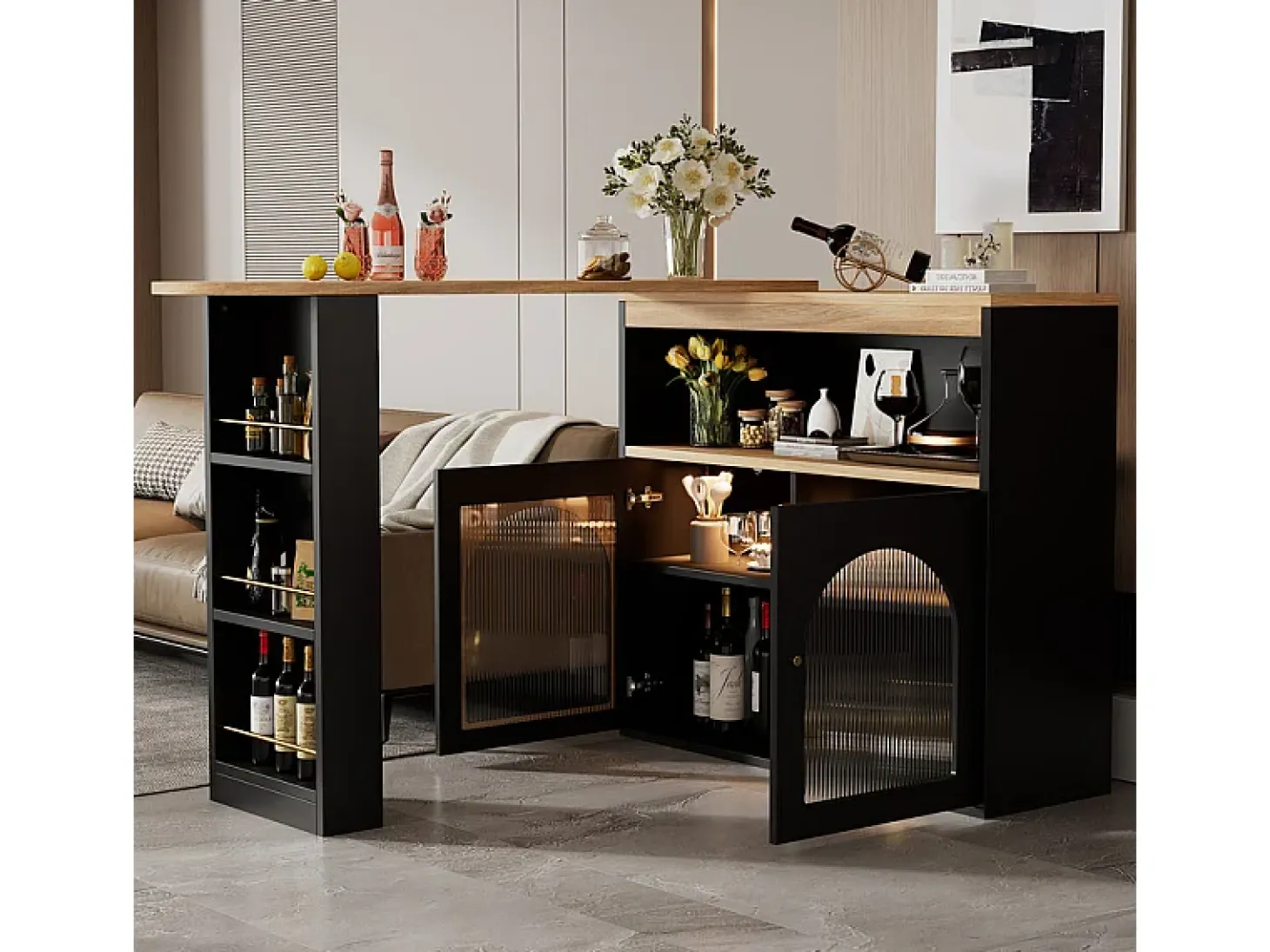 Aparador, Mueble bar giratorio y retráctil con LED - gran espacio de almacenamiento - estilo contemporáneo - Negro
