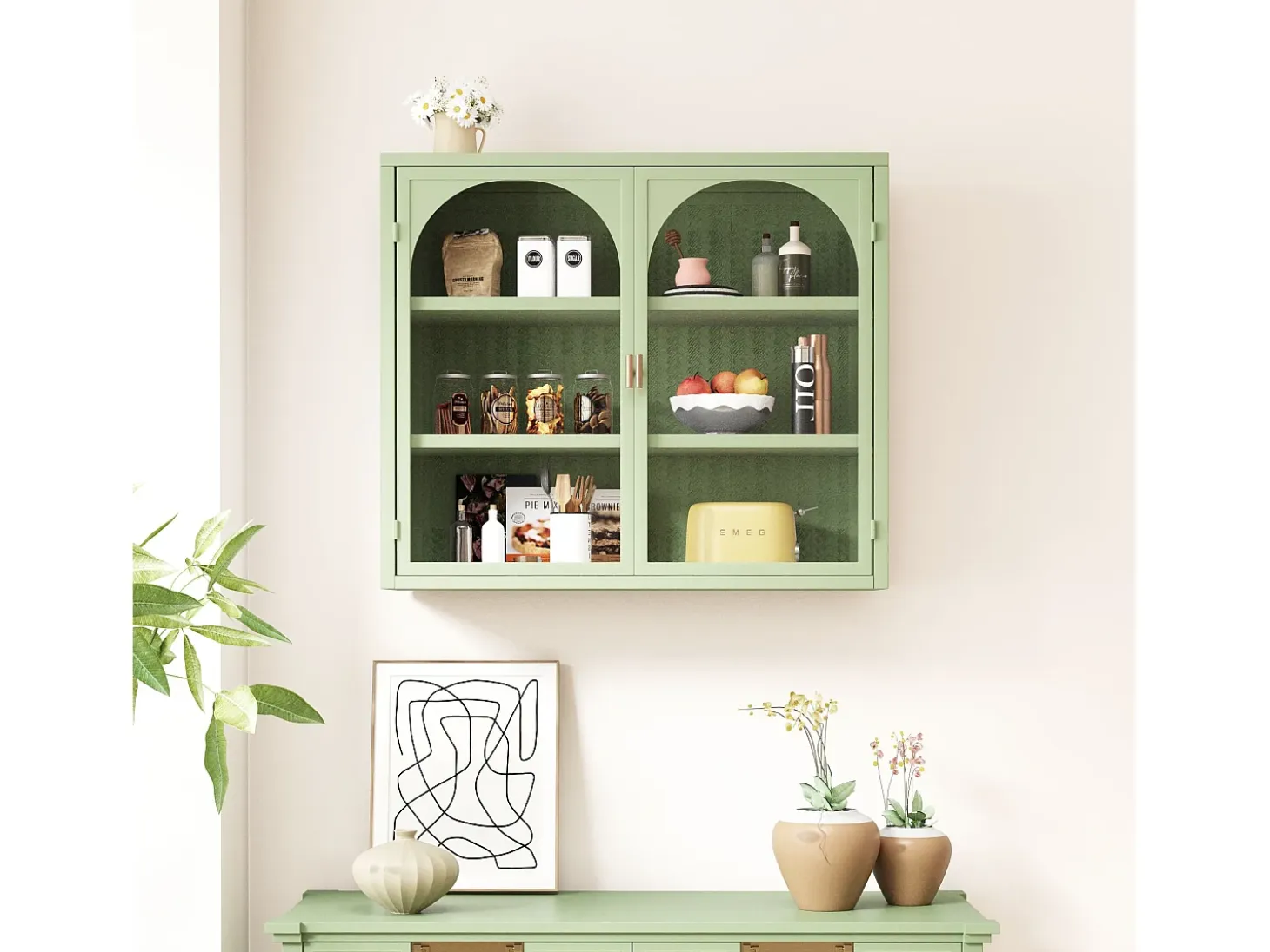 Aparador mural con 2 puertas de cristal curvado - Para cocina o baño - Verde - 70 × 23 × 60 cm