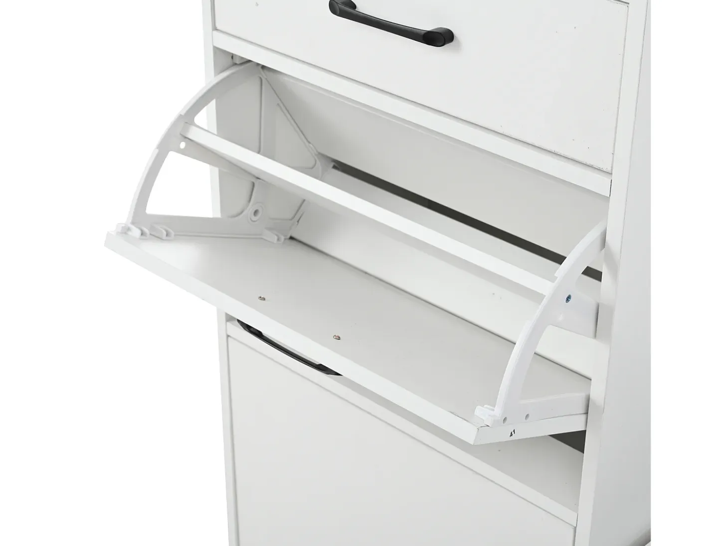 Armadietto bianco con 2 cassetti, 2 ante, panca e ganci, pannello forato 110x35x175,5cm