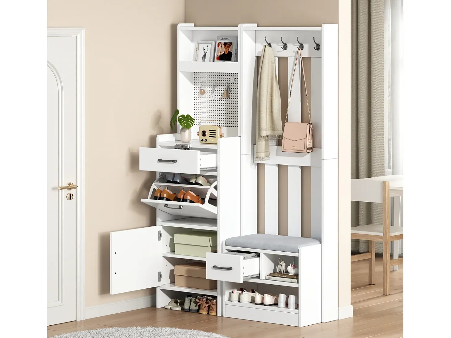 Armadietto bianco con 2 cassetti, 2 ante, panca e ganci, pannello forato 110x35x175,5cm