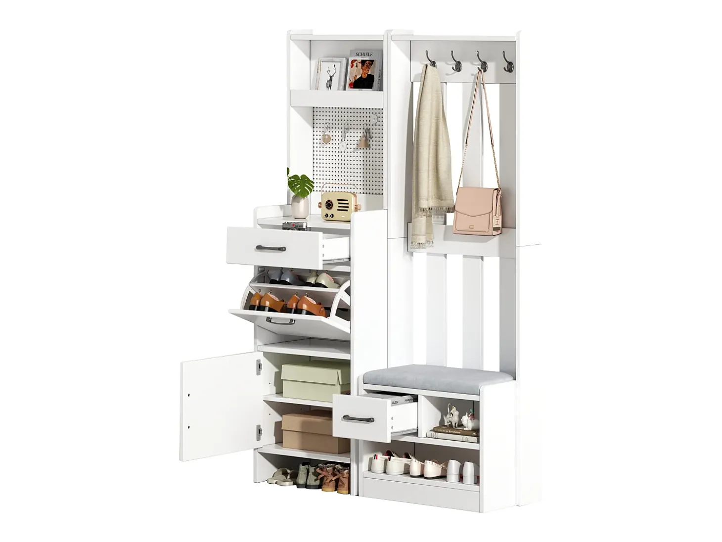 Armadietto bianco con 2 cassetti, 2 ante, panca e ganci, pannello forato 110x35x175,5cm
