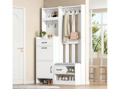 Armadietto bianco con 2 cassetti, 2 ante, panca e ganci, pannello forato 110x35x175,5cm