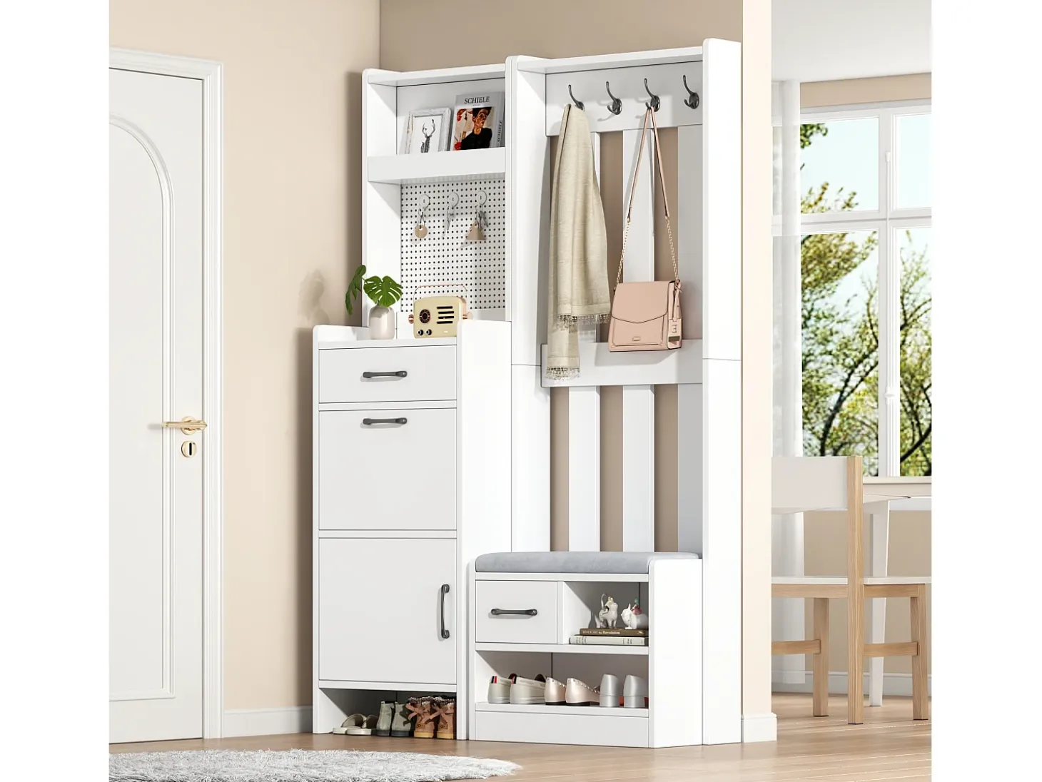Armadietto bianco con 2 cassetti, 2 ante, panca e ganci, pannello forato 110x35x175,5cm