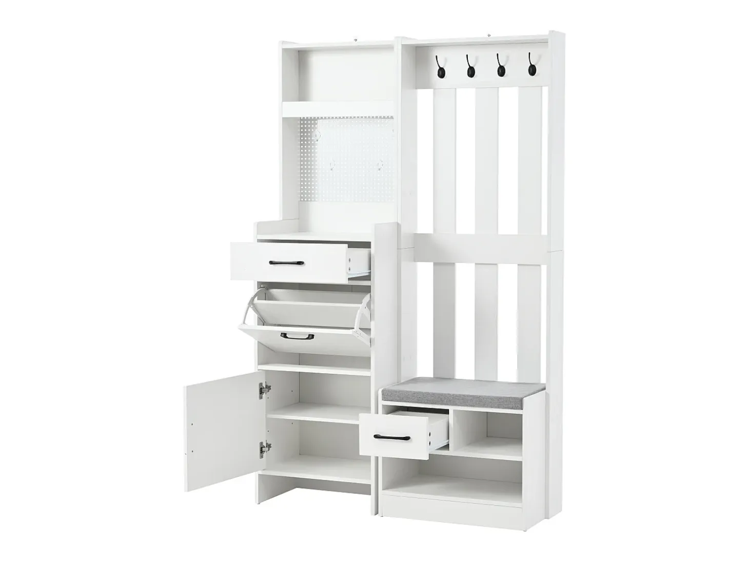 Armadietto bianco con 2 cassetti, 2 ante, panca e ganci, pannello forato 110x35x175,5cm
