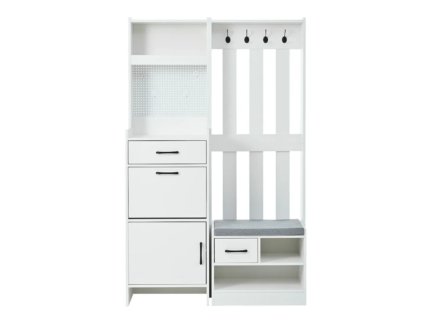 Armadietto bianco con 2 cassetti, 2 ante, panca e ganci, pannello forato 110x35x175,5cm