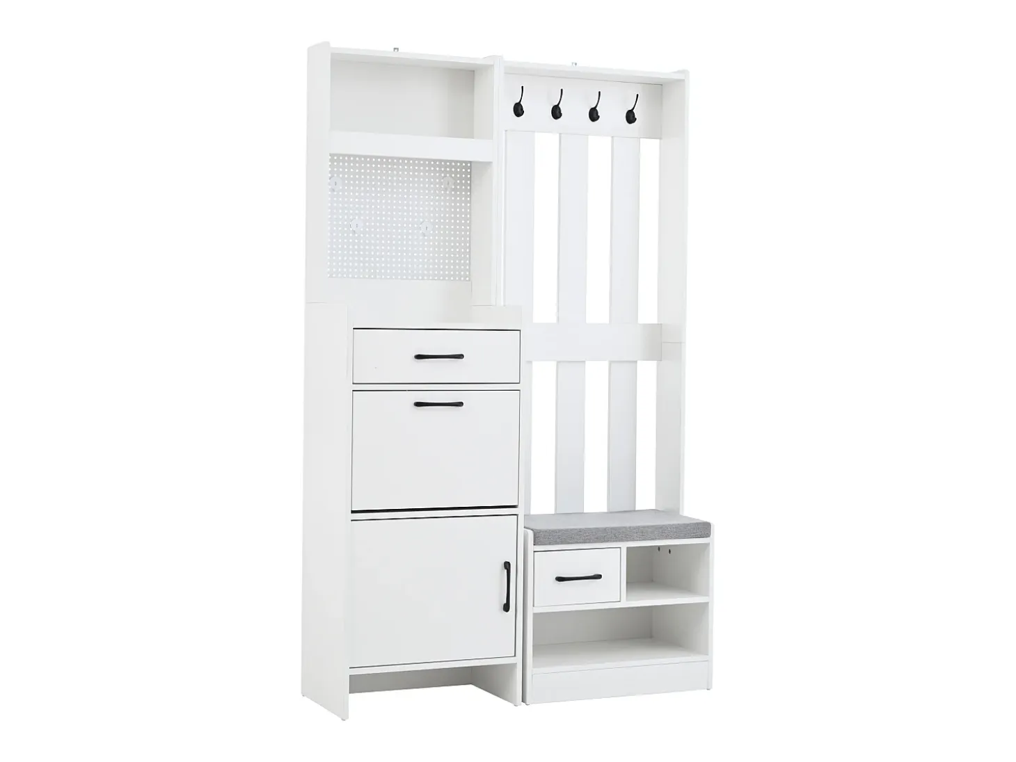 Armadietto bianco con 2 cassetti, 2 ante, panca e ganci, pannello forato 110x35x175,5cm