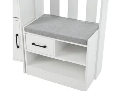 Armadietto bianco con 2 cassetti, 2 ante, panca e ganci, pannello forato 110x35x175,5cm
