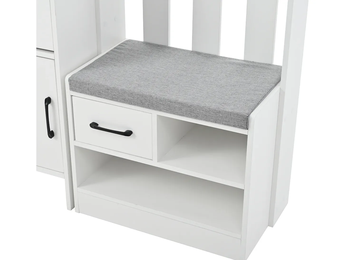 Armadietto bianco con 2 cassetti, 2 ante, panca e ganci, pannello forato 110x35x175,5cm