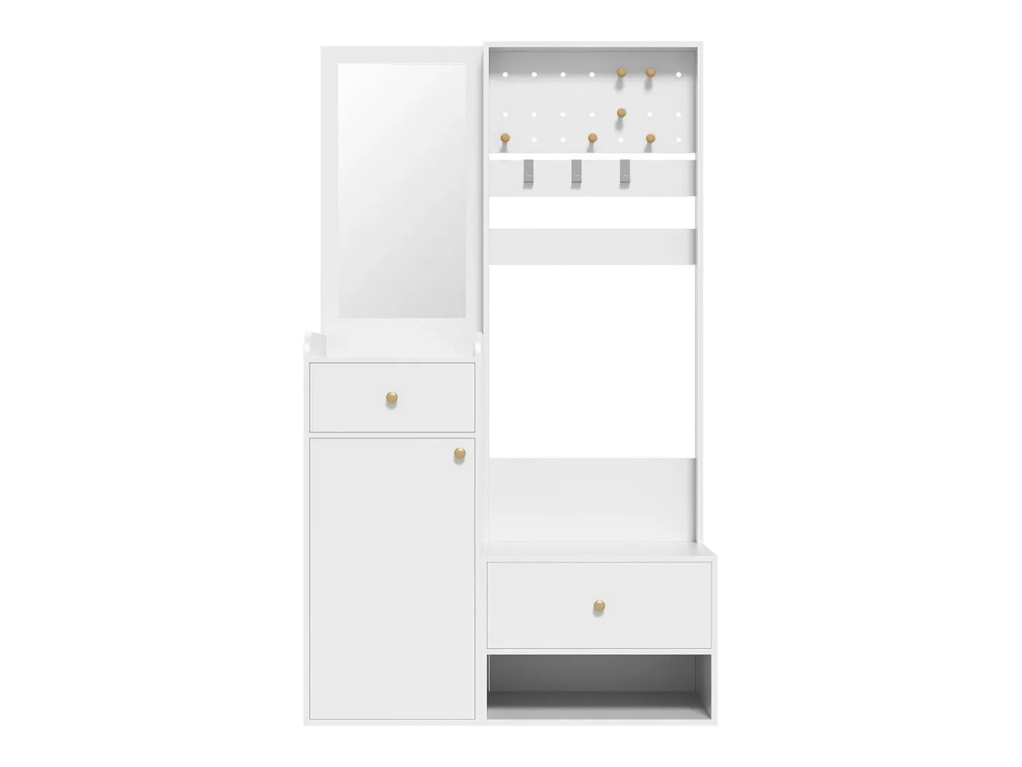 Armario blanco con 2 cajones, 1 puerta y espejo, ganchos regulables 105x38x180cm