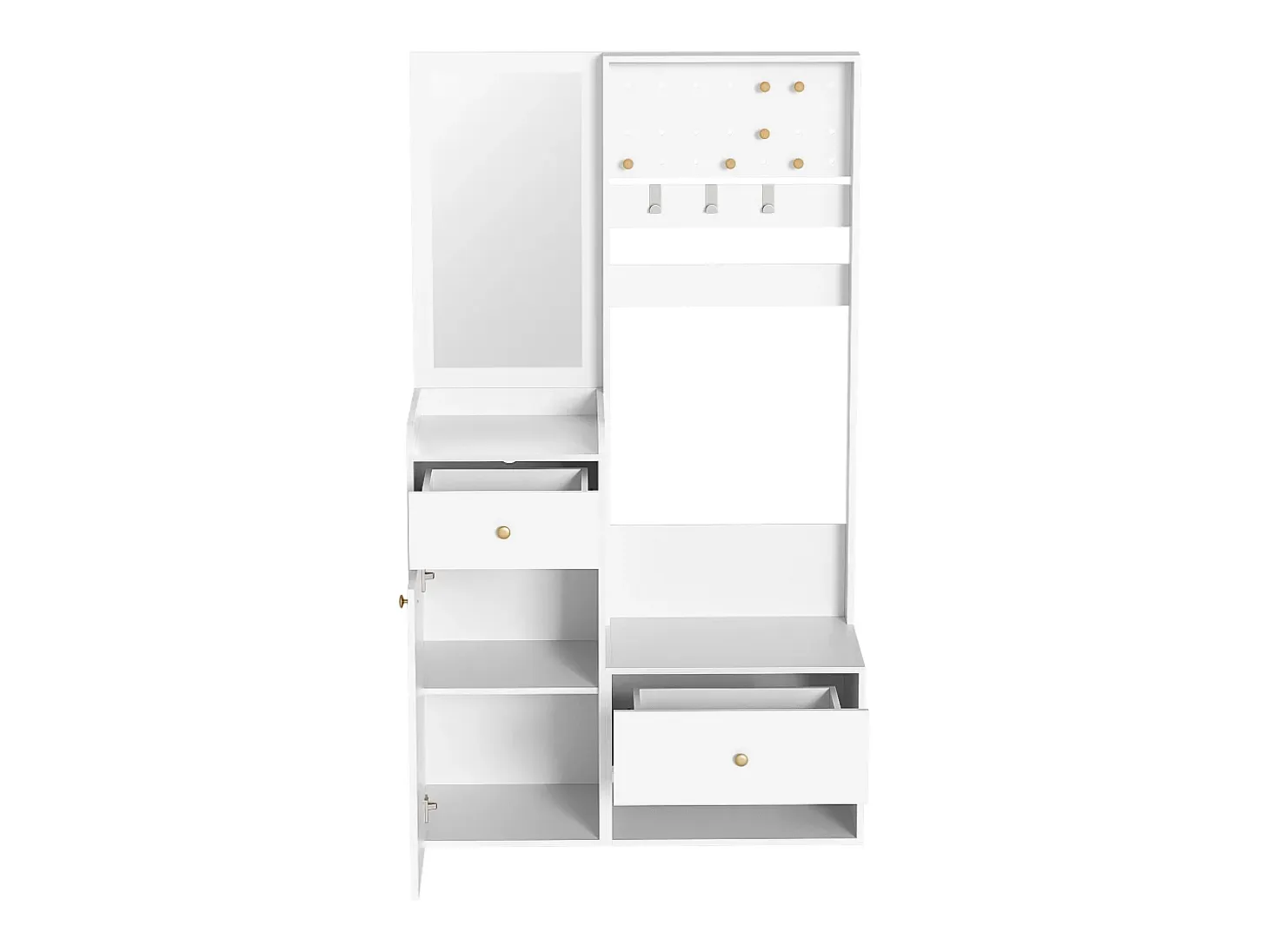 Armario blanco con 2 cajones, 1 puerta y espejo, ganchos regulables 105x38x180cm