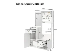 Armario blanco con 2 cajones, 1 puerta y espejo, ganchos regulables 105x38x180cm