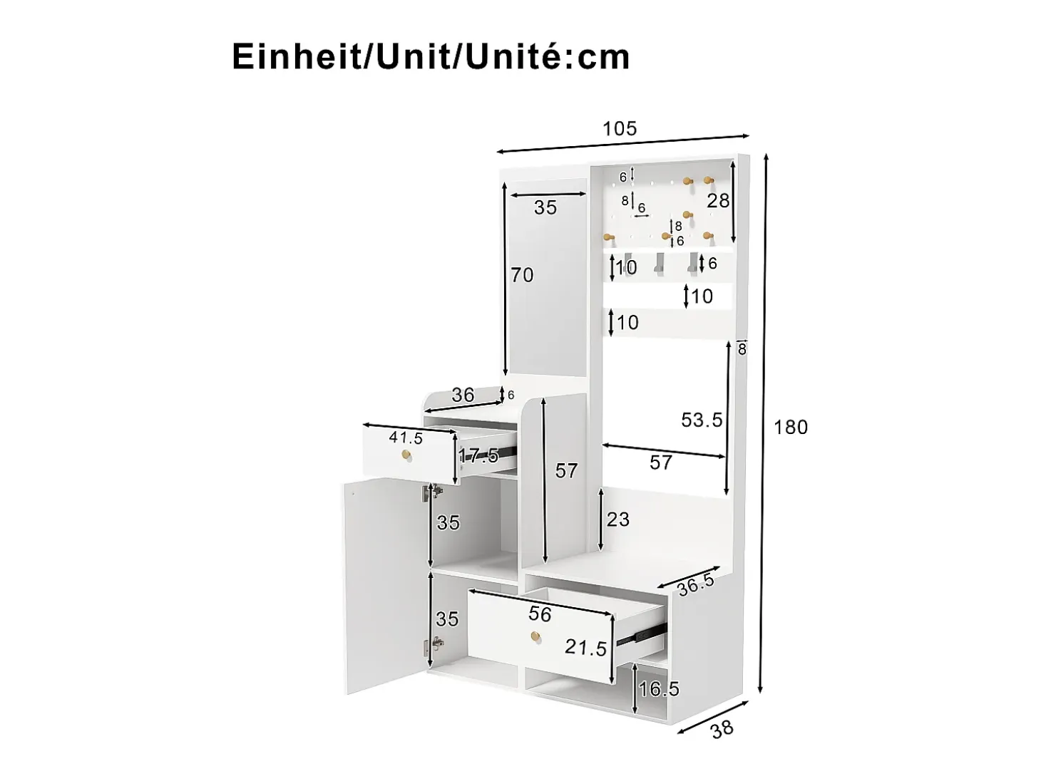 Armario blanco con 2 cajones, 1 puerta y espejo, ganchos regulables 105x38x180cm