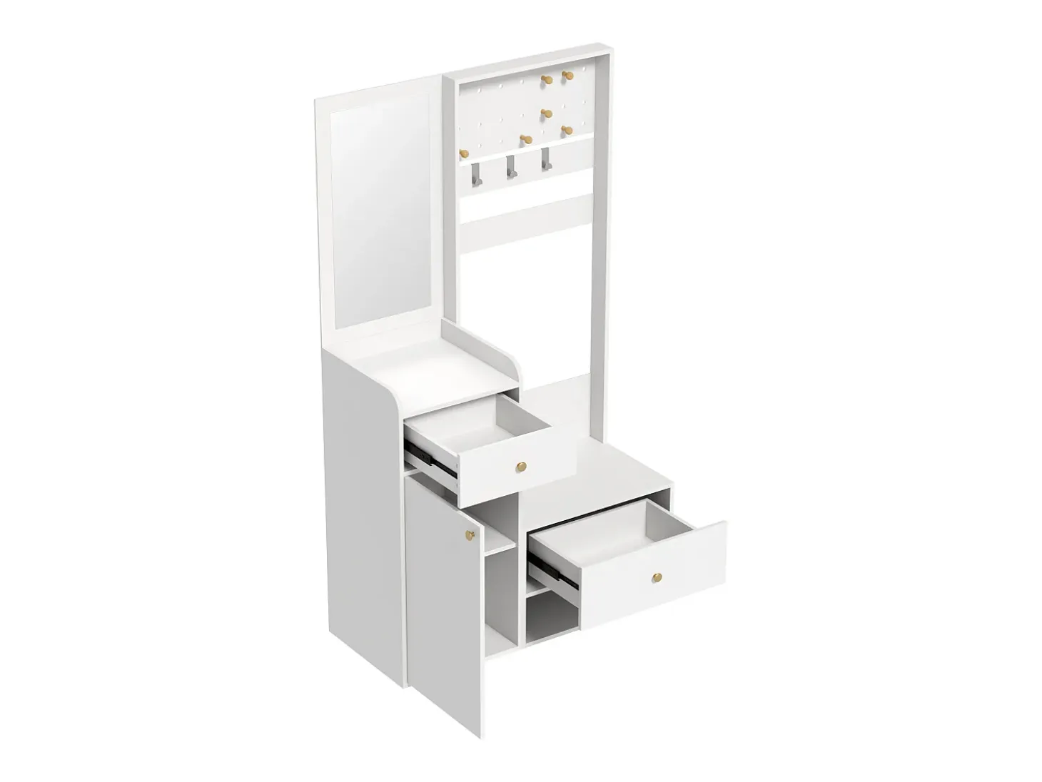 Armario blanco con 2 cajones, 1 puerta y espejo, ganchos regulables 105x38x180cm