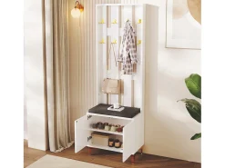Armario blanco con 2 puertas, banco zapatero y cojín, ganchos, patas doradas 60,5x35,2x180,5cm