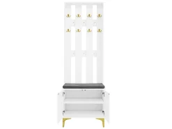 Armario blanco con 2 puertas, banco zapatero y cojín, ganchos, patas doradas 60,5x35,2x180,5cm