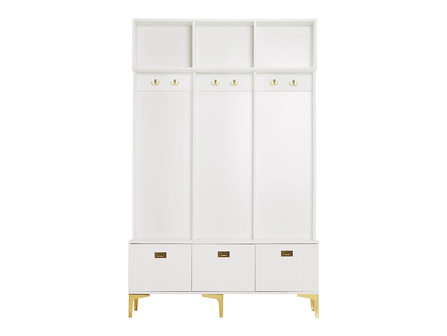Armario blanco con 3 puertas y 6 ganchos, patas doradas, 120 x 40 x 191,5 cm