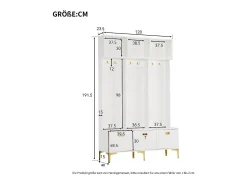 Armario blanco con 3 puertas y 6 ganchos, patas doradas, 120 x 40 x 191,5 cm