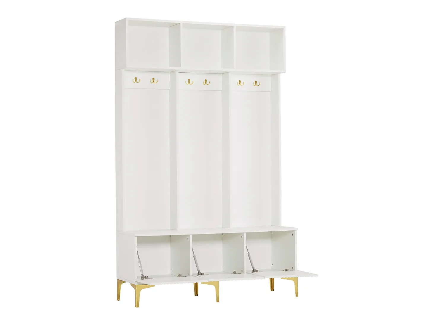 Armario blanco con 3 puertas y 6 ganchos, patas doradas, 120 x 40 x 191,5 cm
