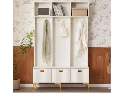 Armario blanco con 3 puertas y 6 ganchos, patas doradas, 120 x 40 x 191,5 cm