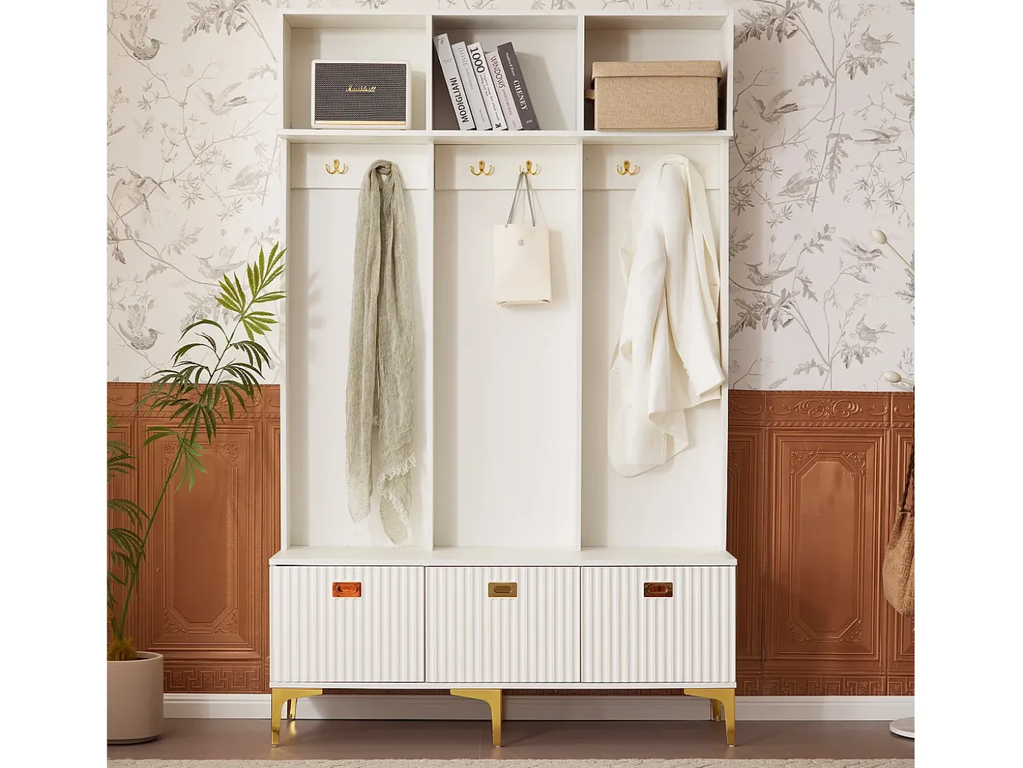 Armario blanco con 3 puertas y 6 ganchos, patas doradas, 120 x 40 x 191,5 cm