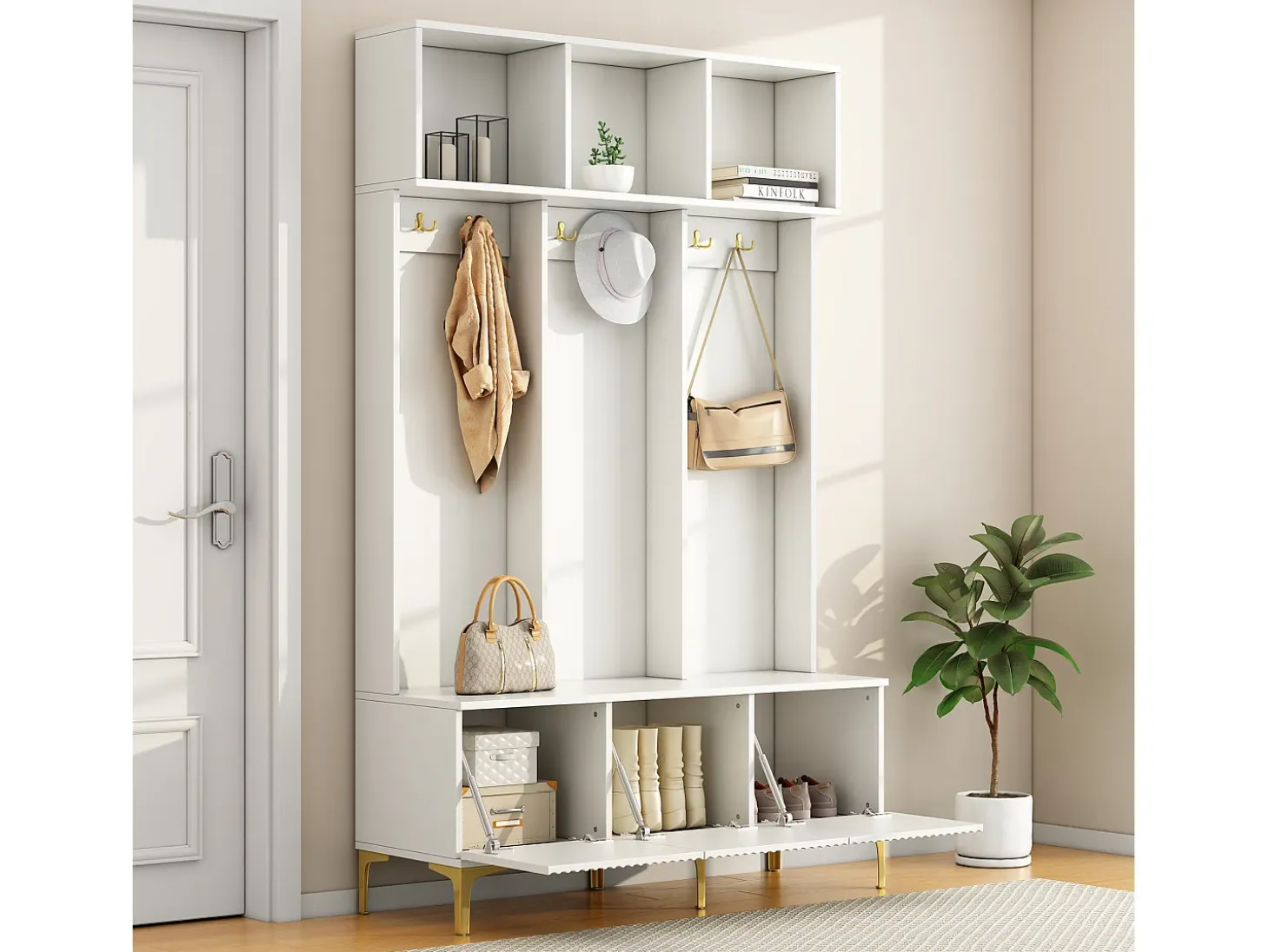 Armario blanco con 3 puertas y 6 ganchos, patas doradas, 120 x 40 x 191,5 cm