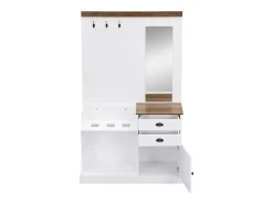 Armario blanco y madera con espejo, 2 cajones, 1 puerta, colgadores y paragüero 110,5x38x191cm