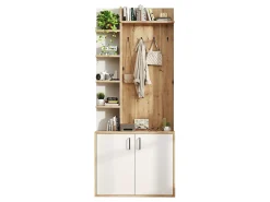 Armario blanco y natural con 2 puertas, 5 estantes y colgadores, tablero madera veteada 75x33x180cm