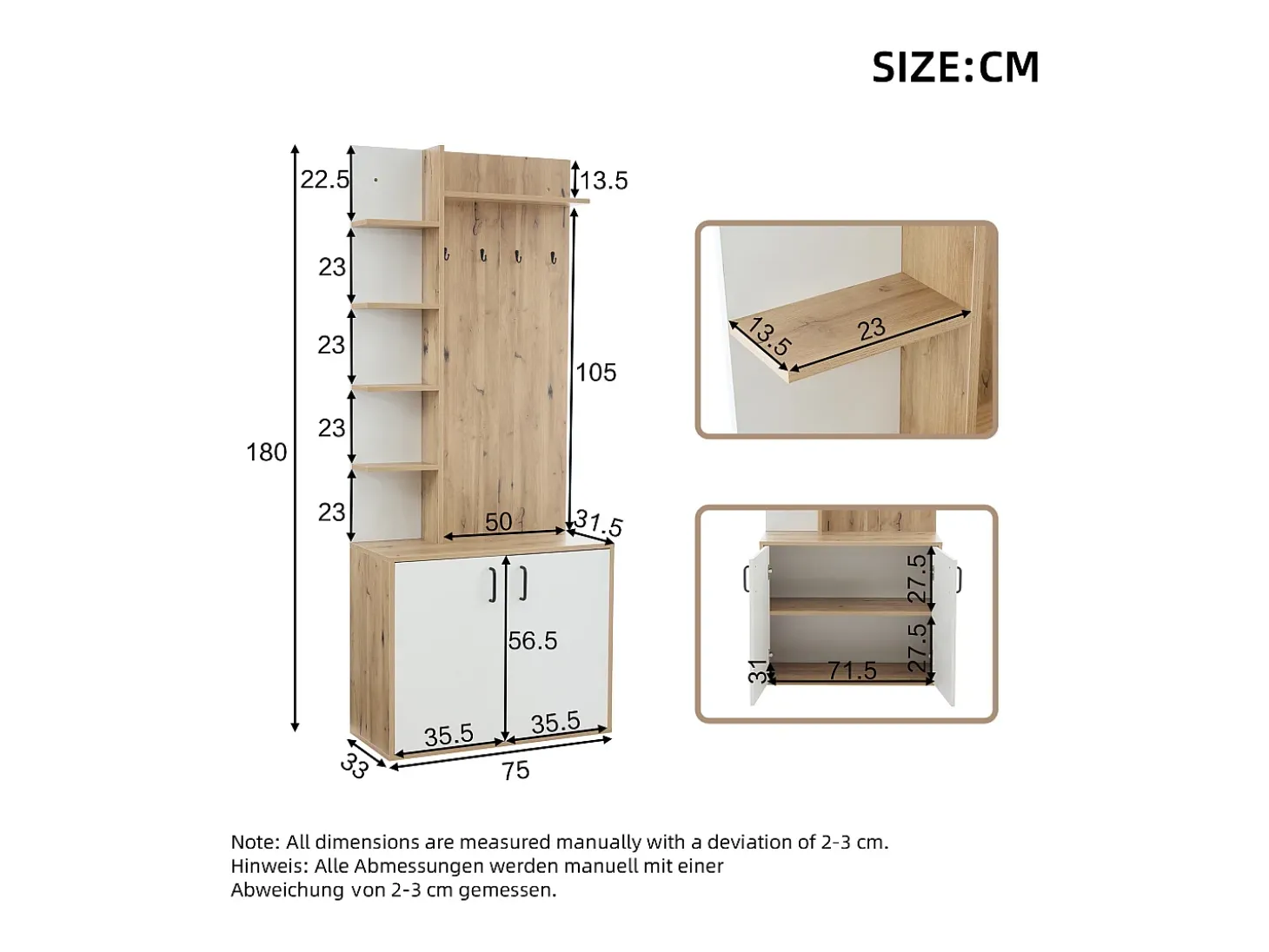 Armario blanco y natural con 2 puertas, 5 estantes y colgadores, tablero madera veteada 75x33x180cm