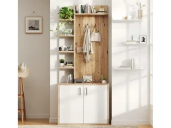 Armario blanco y natural con 2 puertas, 5 estantes y colgadores, tablero madera veteada 75x33x180cm