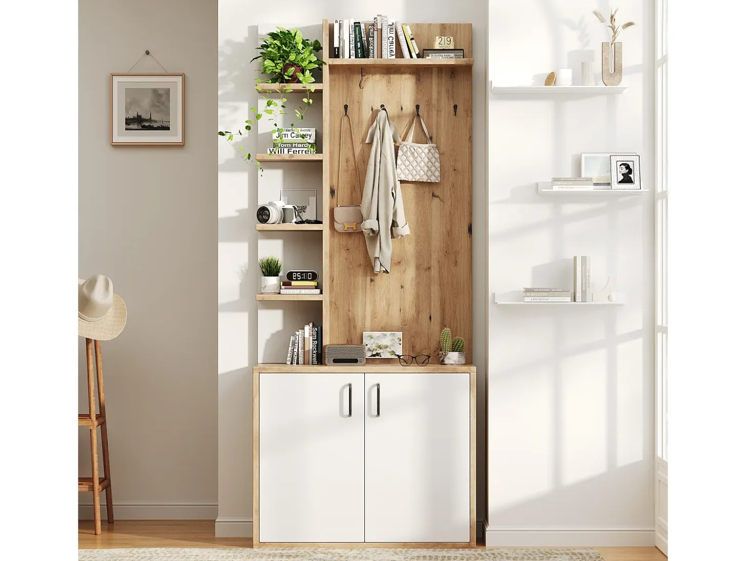 Armario blanco y natural con 2 puertas, 5 estantes y colgadores, tablero madera veteada 75x33x180cm