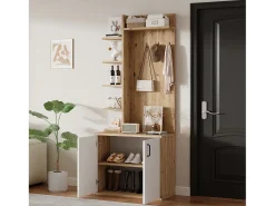 Armario blanco y natural con 2 puertas, 5 estantes y colgadores, tablero madera veteada 75x33x180cm