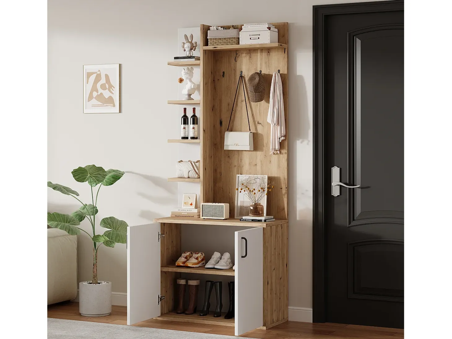 Armario blanco y natural con 2 puertas, 5 estantes y colgadores, tablero madera veteada 75x33x180cm
