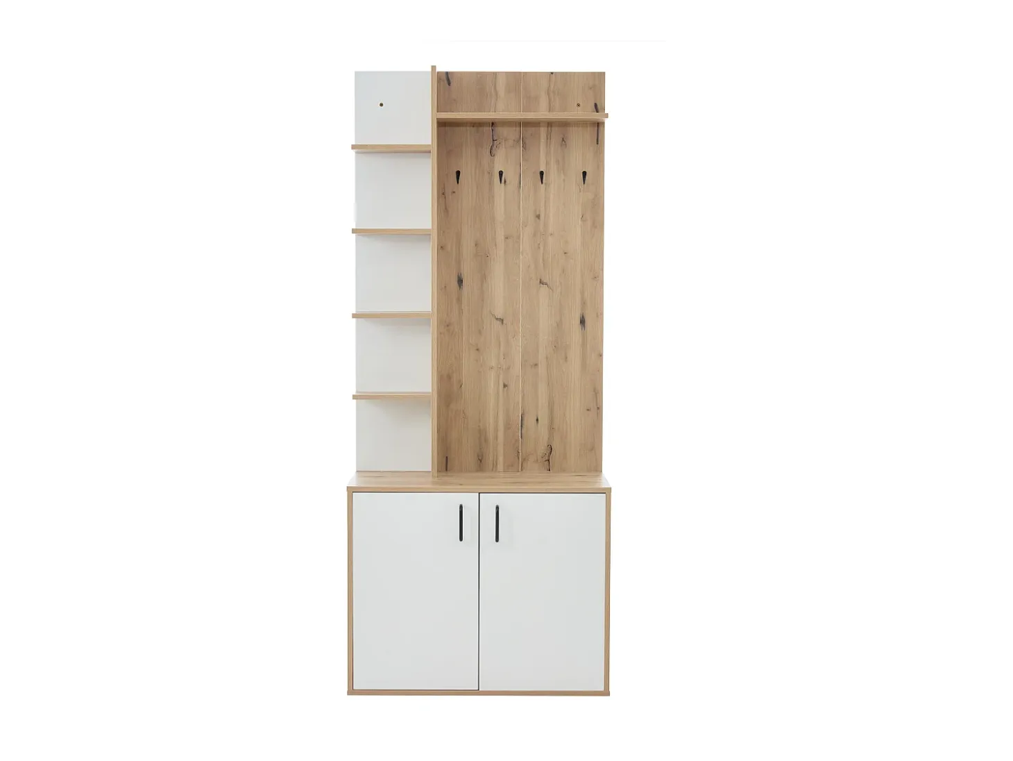 Armario blanco y natural con 2 puertas, 5 estantes y colgadores, tablero madera veteada 75x33x180cm