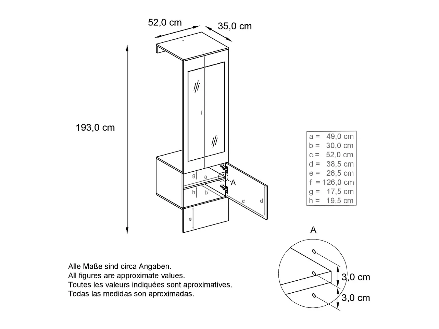 Armario Carlton Neo, Perchero de pared con panel de vestíbulo, espejo, barra para ropa y armario de pared, Azul real (52 x 193 x 35 cm)