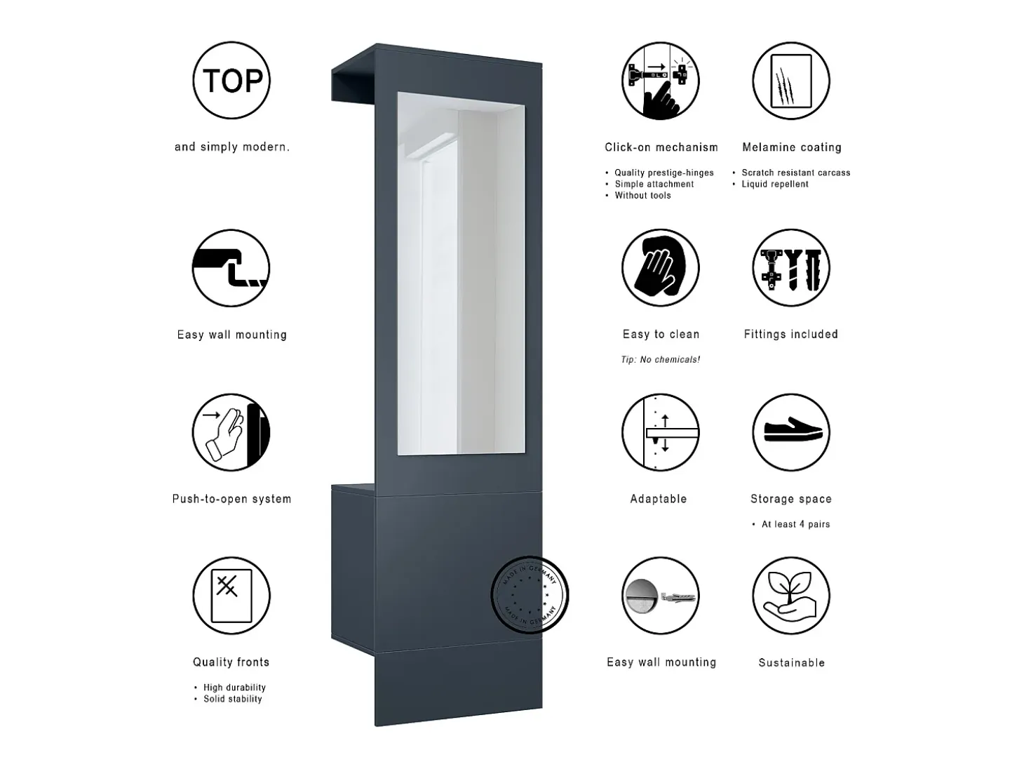 Armario Carlton Neo, Perchero de pared con panel de vestíbulo, espejo, barra para ropa y armario de pared, Azul real (52 x 193 x 35 cm)