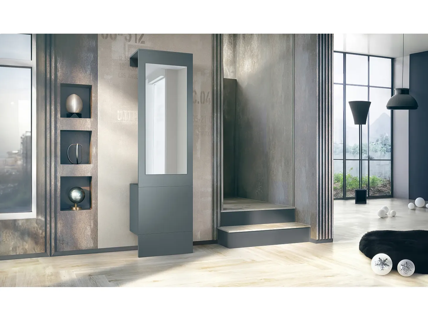 Armario Carlton Neo, Perchero de pared con panel de vestíbulo, espejo, barra para ropa y armario de pared, Fiordo verde (52 x 193 x 35 cm)